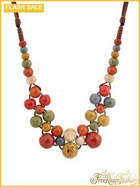 Boho Ceramic Bead Strand Necklace Adjustable Cord Hippie Statement Jewelry Gift